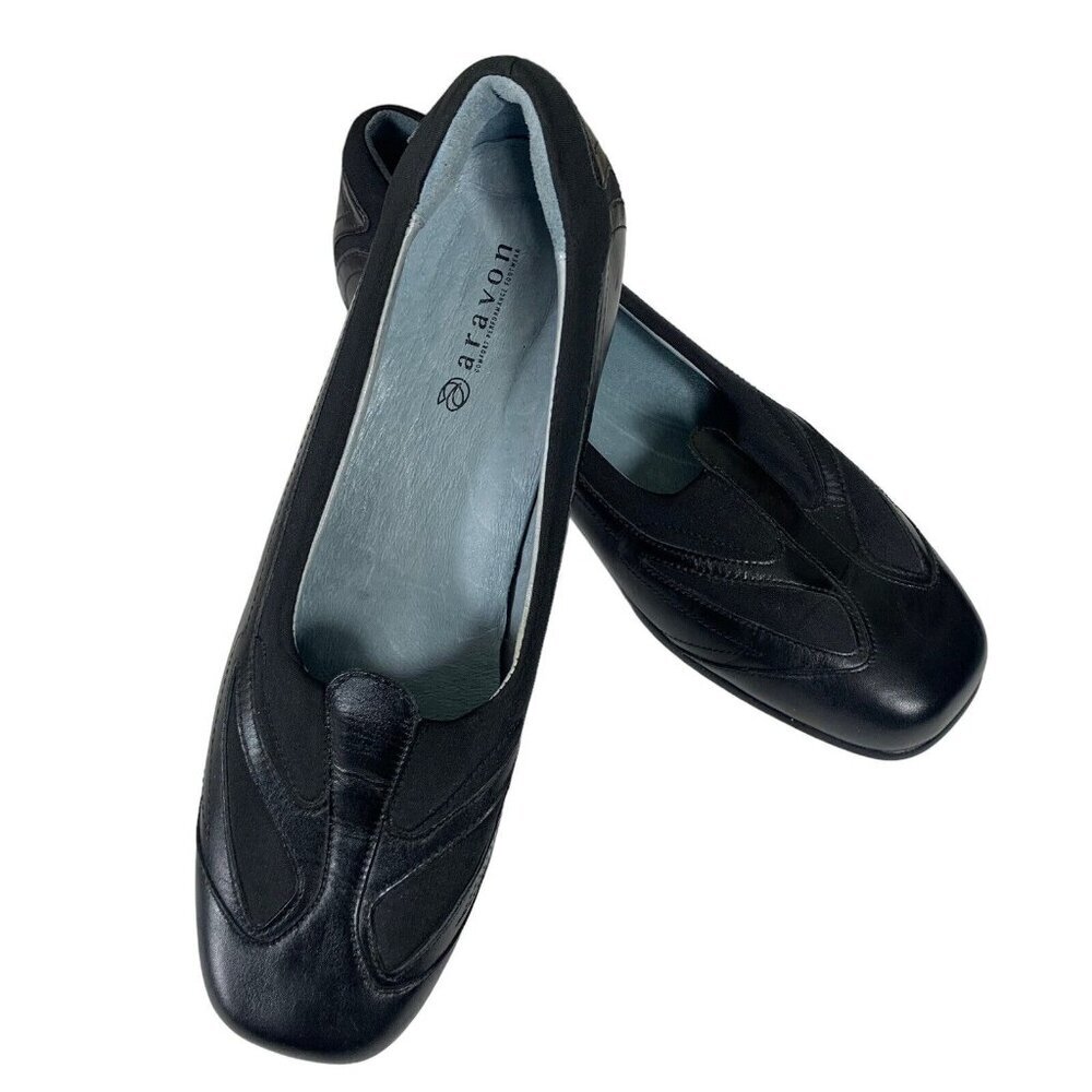 Aravon Shoes Size 9.5 Black Leather Slip Ons Comfort 1" Heel Womens